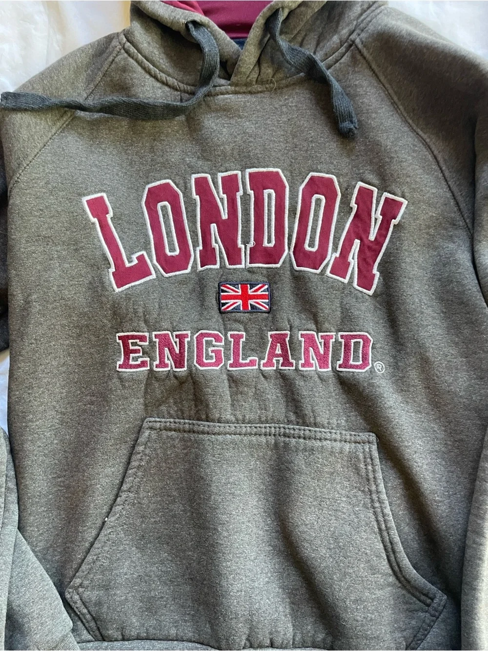 London England Grey Hoodie with Burgundy Lining Size Small